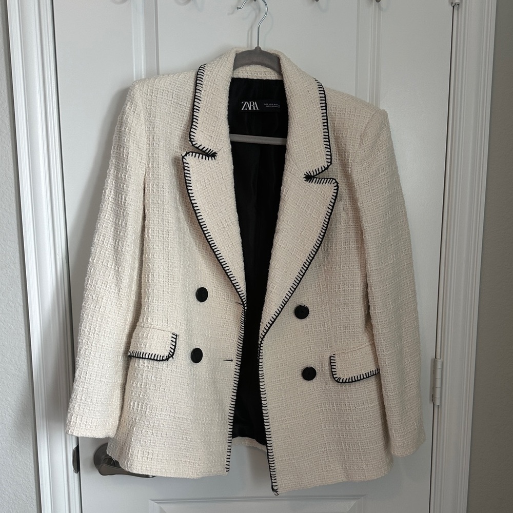 Zara white cream black tweed blazer size Small - Picture 4 of 11